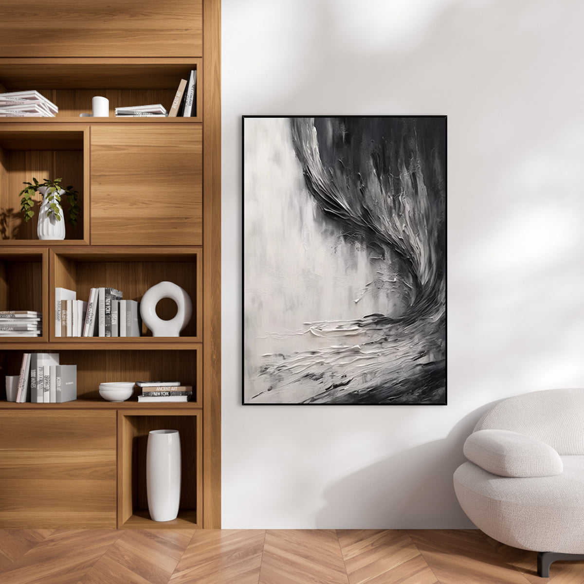 Emotive Abstract Waves in Charcoal and White Oil Painting for Modern Decor