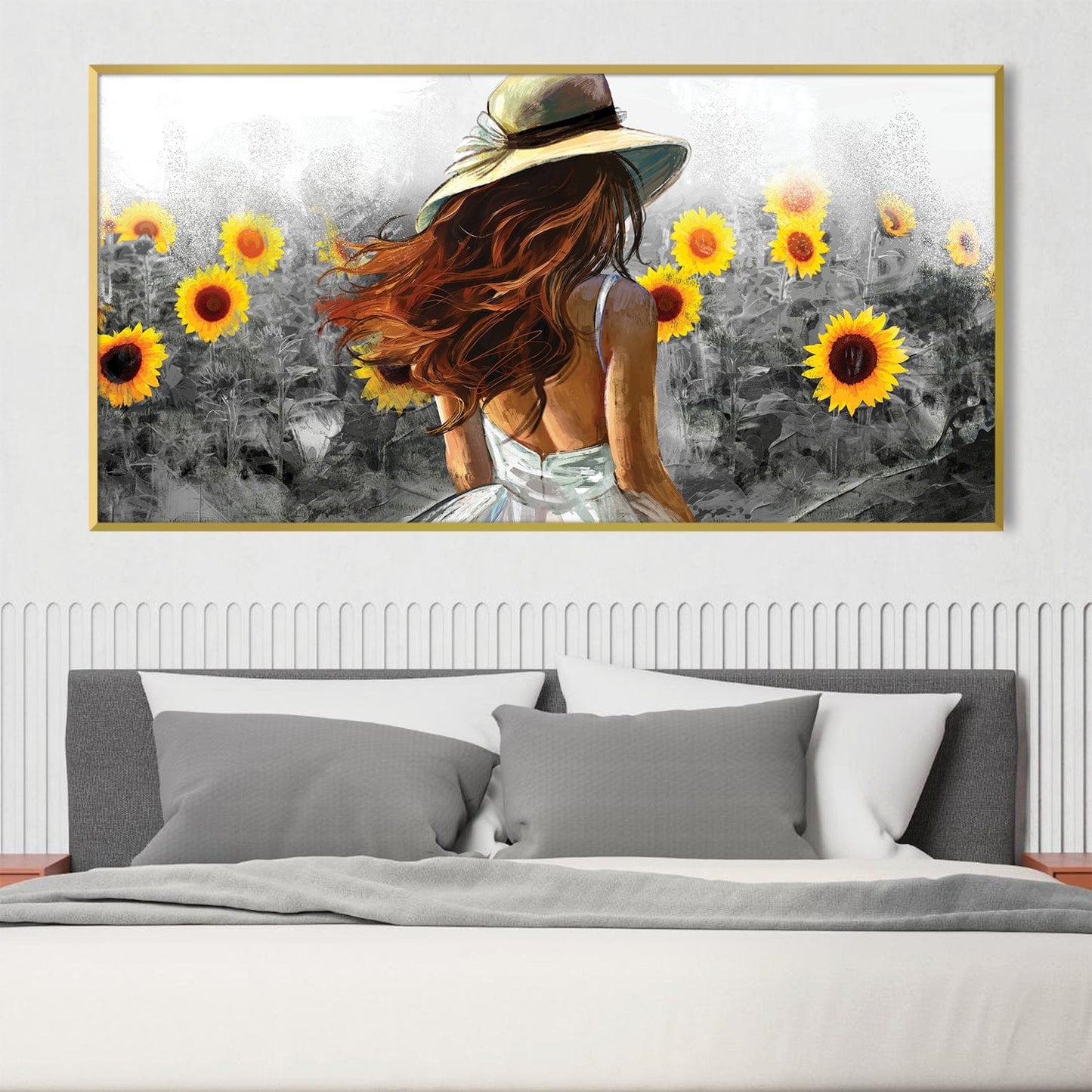 Sunflower Serenity: Woman in White Dress with Sunflowers Oil Painting