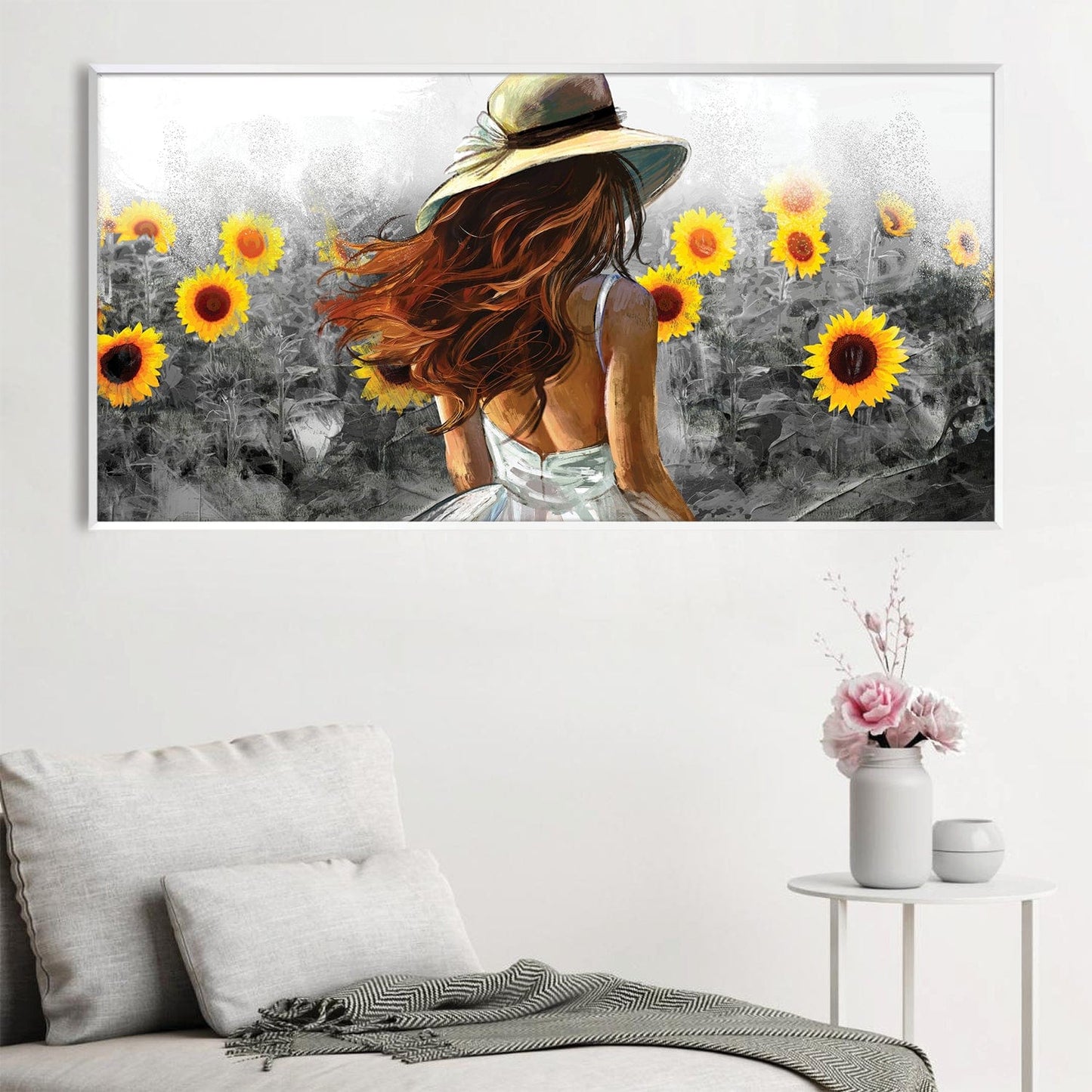 Sunflower Serenity: Woman in White Dress with Sunflowers Oil Painting