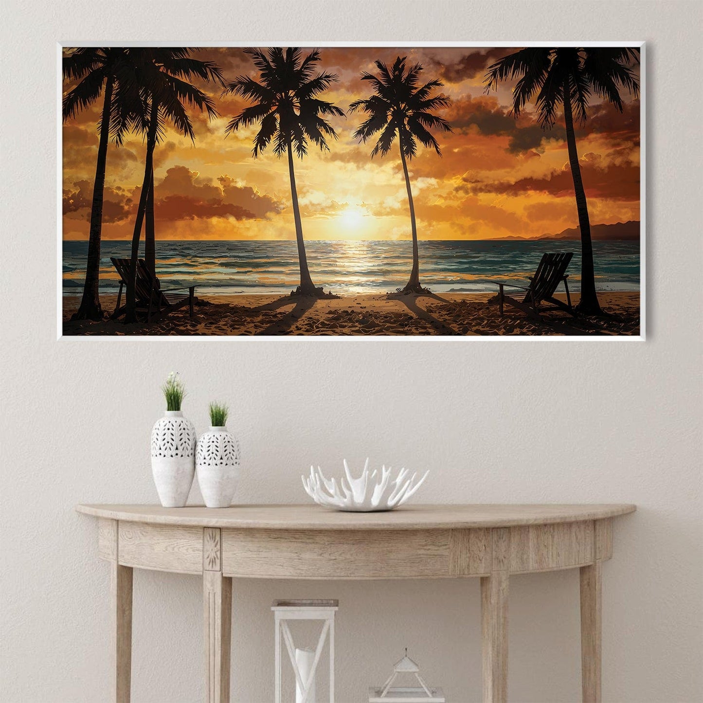 Tropical Sunset Oil Painting with Palm Trees for Beachy Home Decor