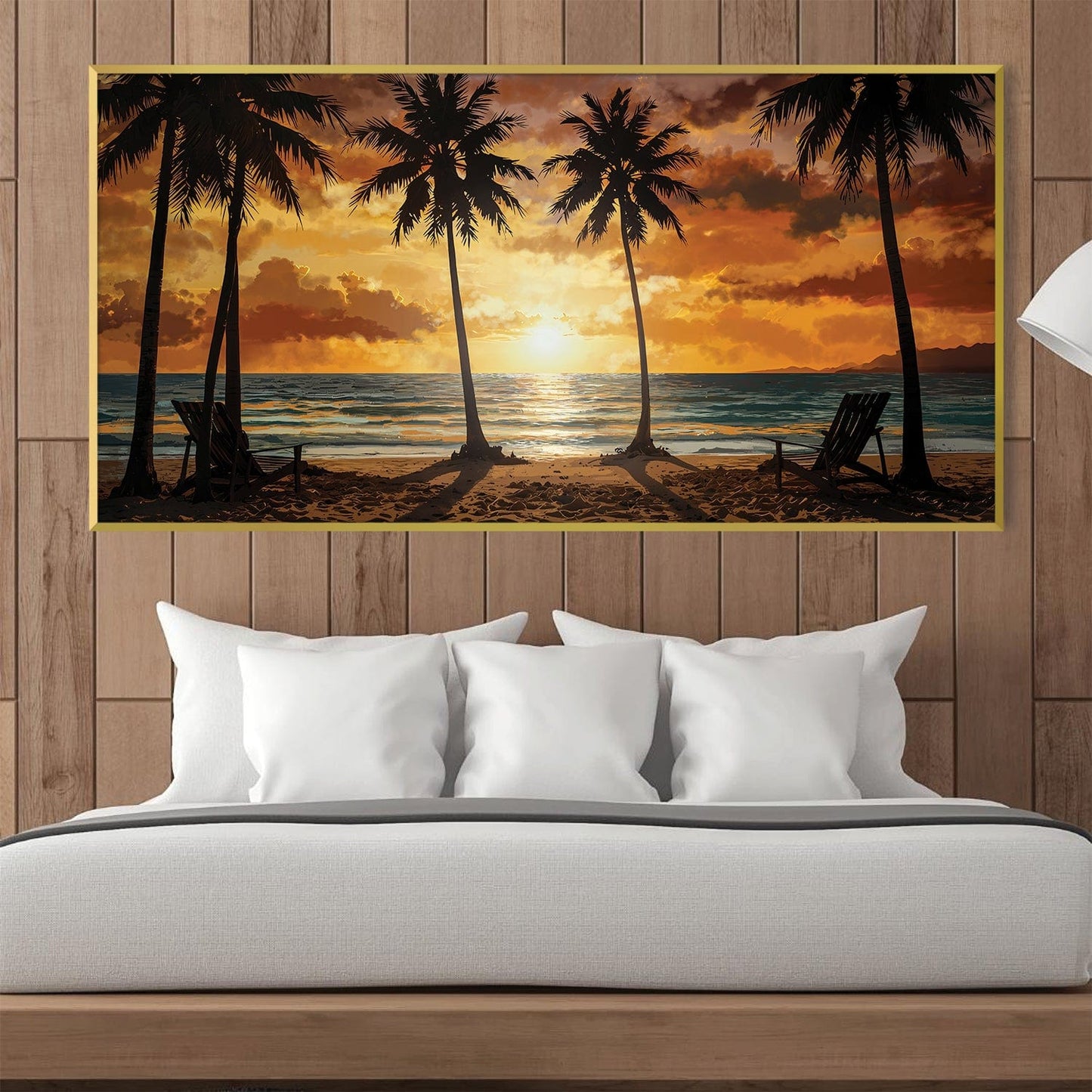 Tropical Sunset Oil Painting with Palm Trees for Beachy Home Decor