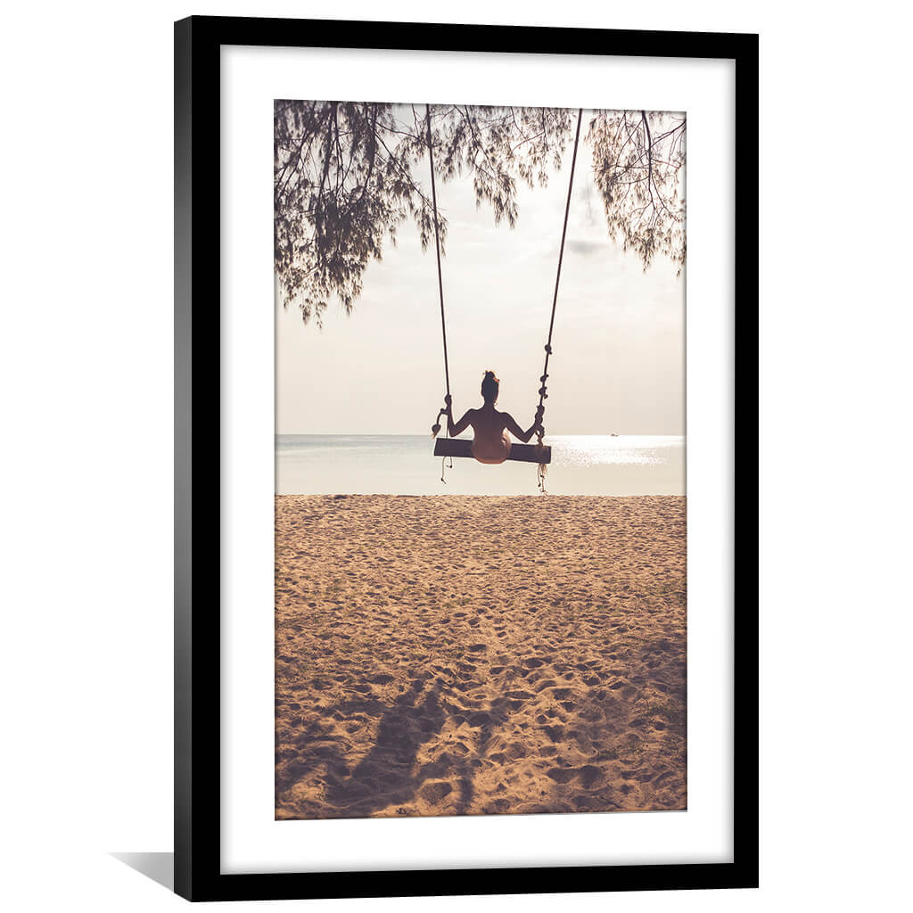 Tranquil Beach Swing Oil Painting for Relaxing Home Decor