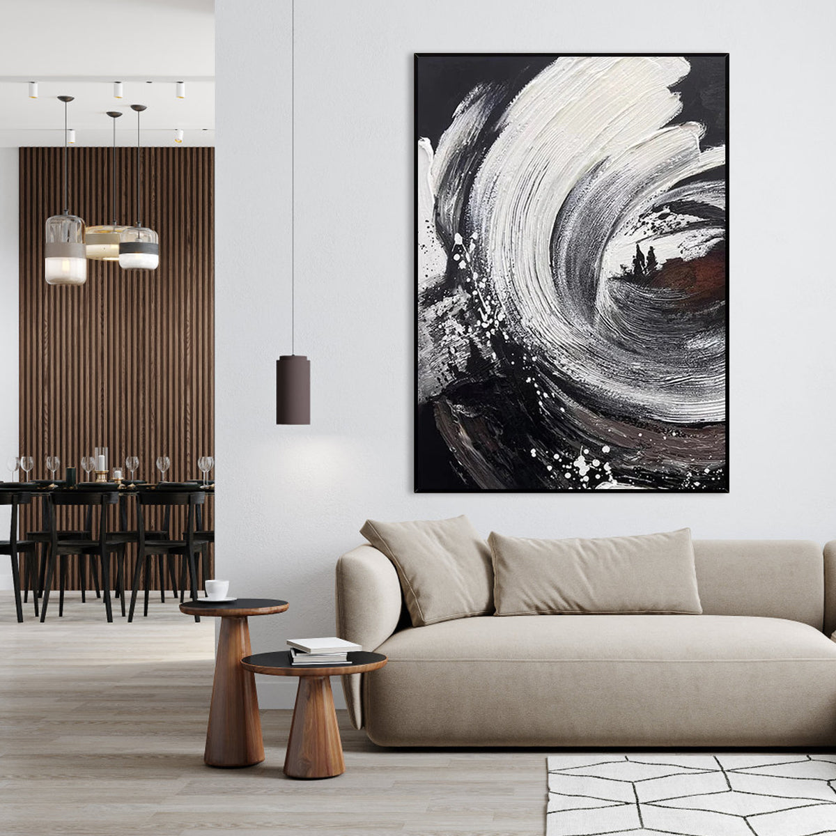 Dynamic Black and White Abstract Wave Oil Painting for Modern Decor
