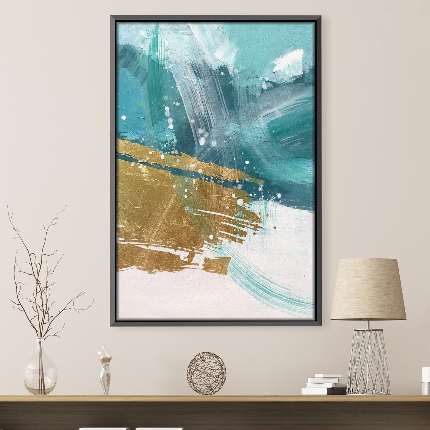 Abstract Turquoise and Gold Oil Painting for Modern Home Decor