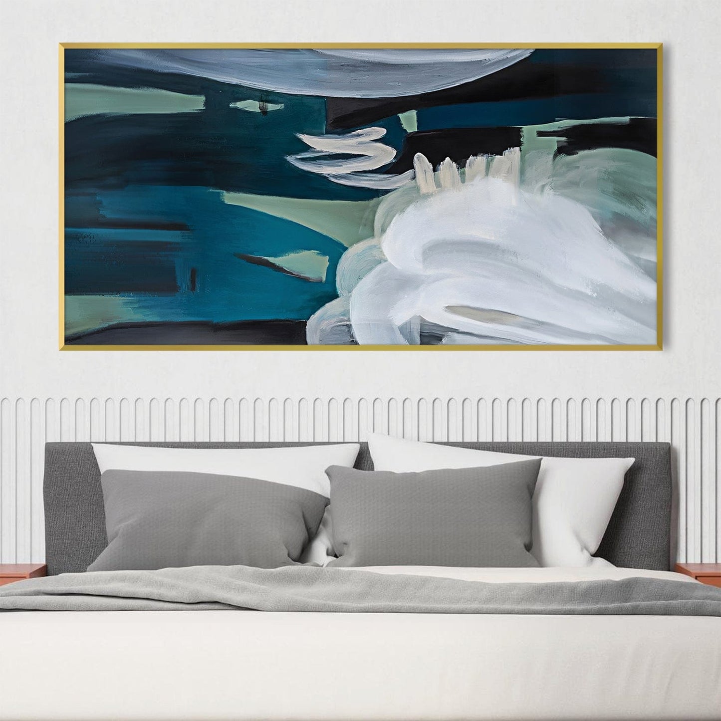 Abstract Teal Ocean Waves Oil Painting for Modern Living Room Decor