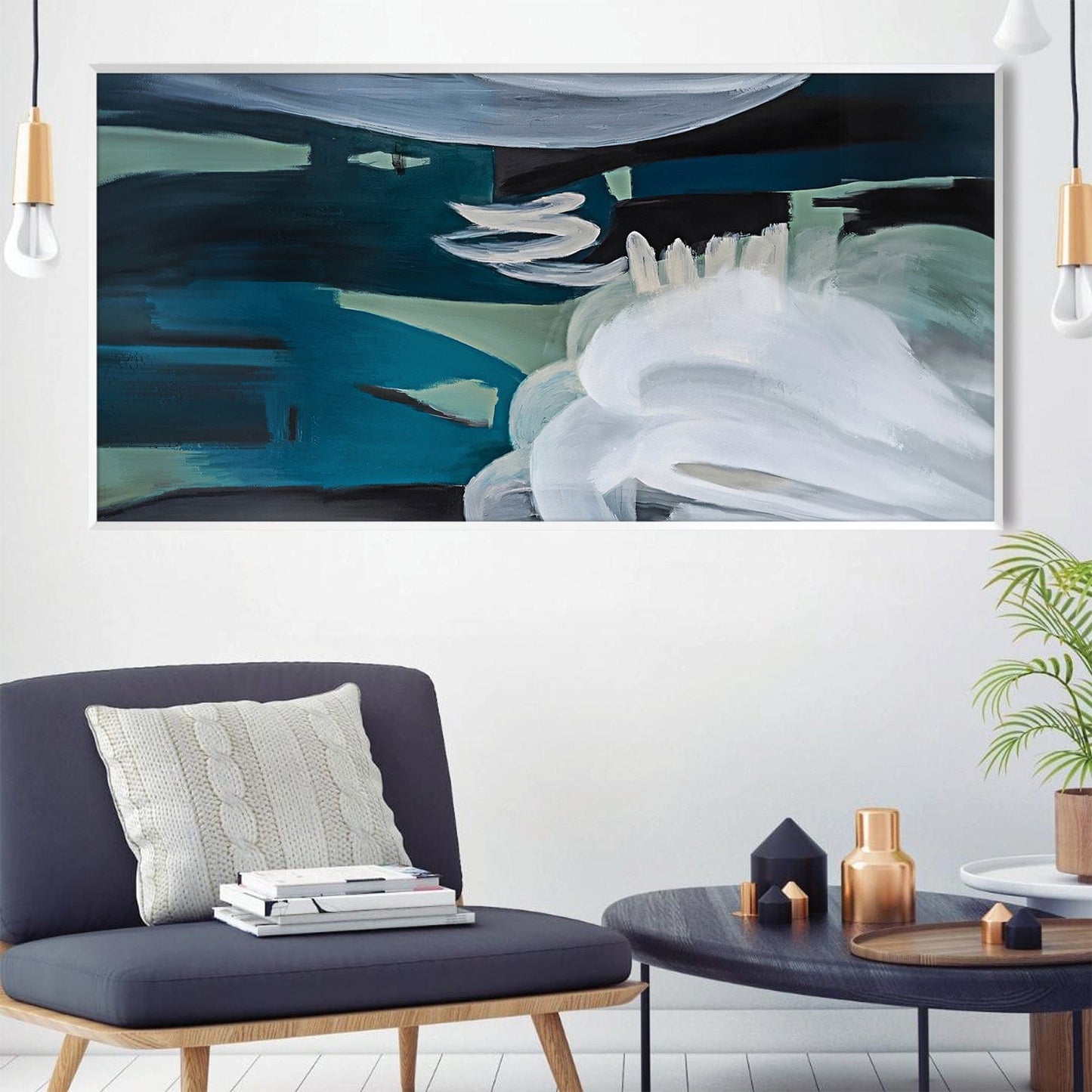 Abstract Teal Ocean Waves Oil Painting for Modern Living Room Decor