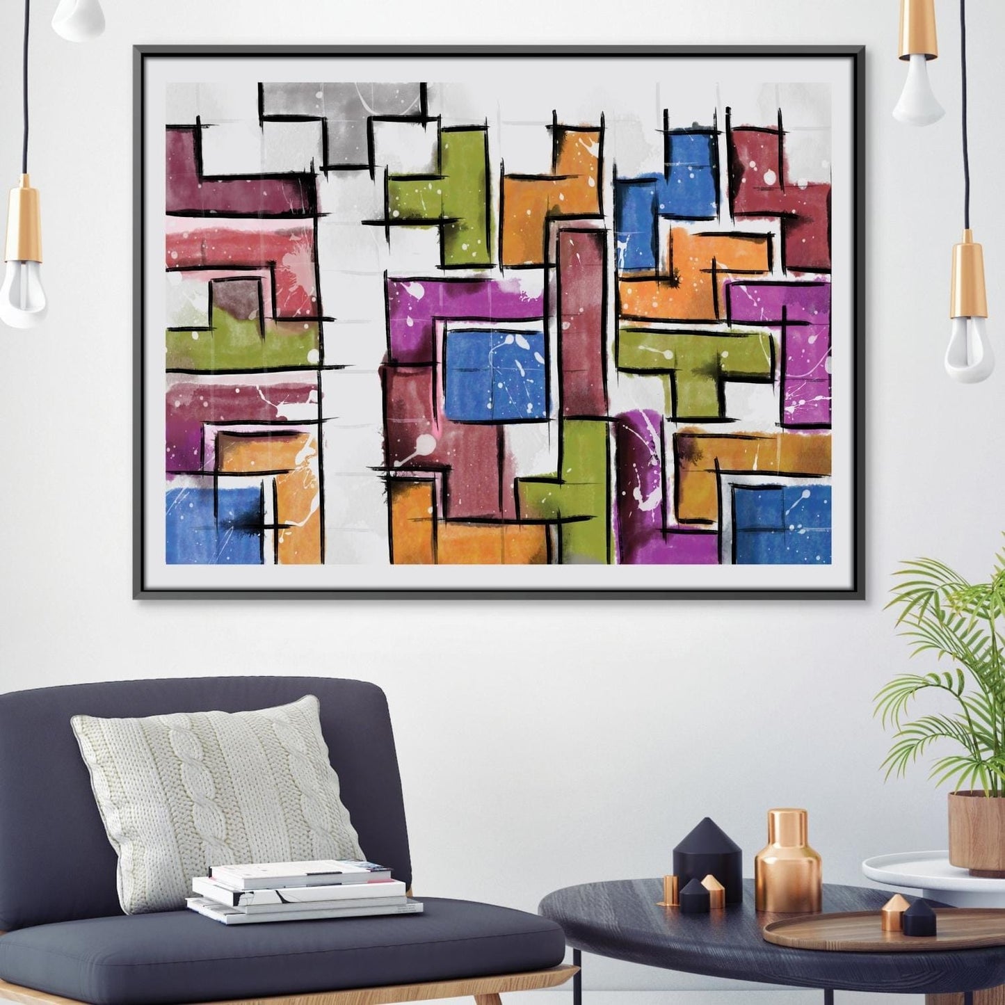 Colorful Abstract Oil Painting Inspired by Tetris Shapes for Modern Living Spaces