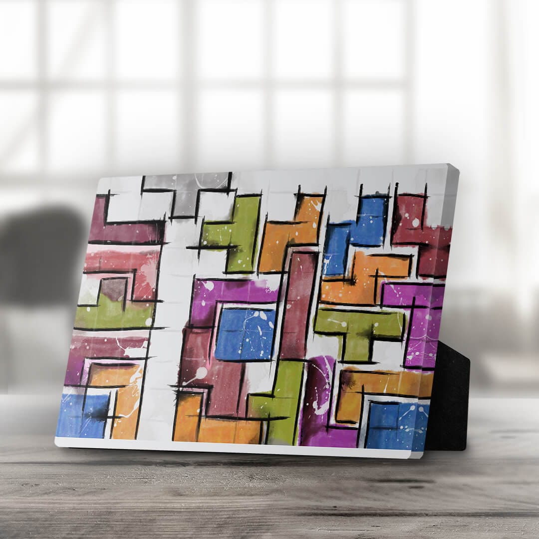 Colorful Abstract Tetris-Inspired Oil Painting for Desktop Decor