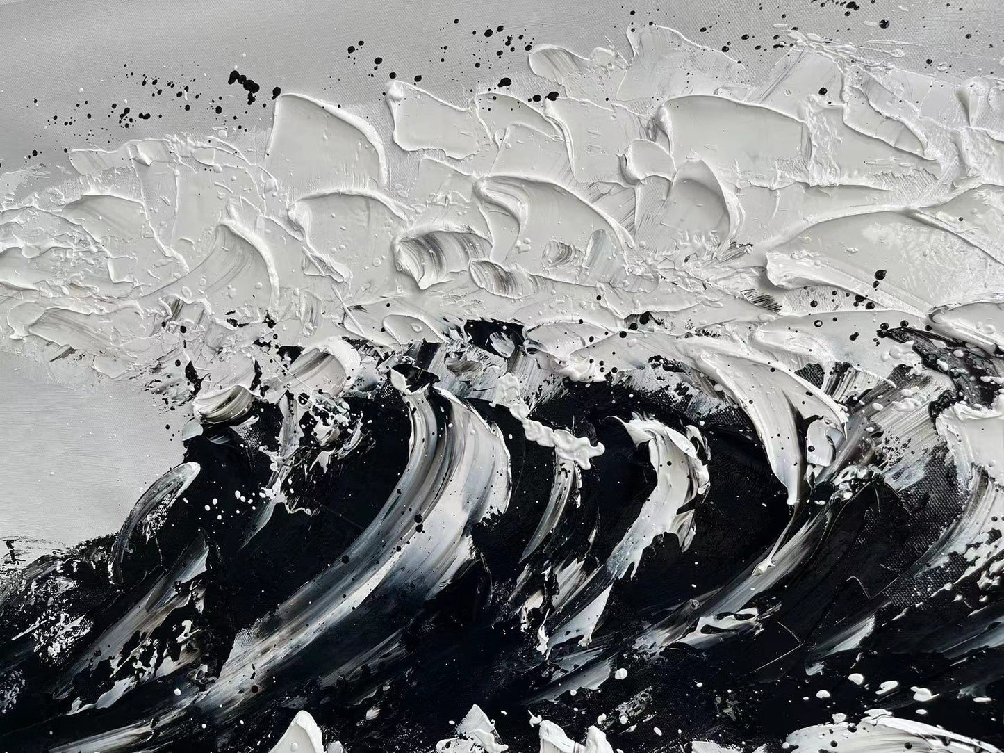 Dynamic Black and White Wave Oil Painting for Modern Home Decor