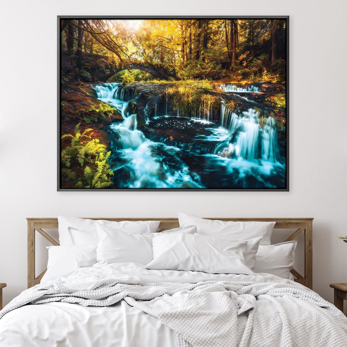 Tranquil Forest Waterfall Oil Painting for Serene Home Decor