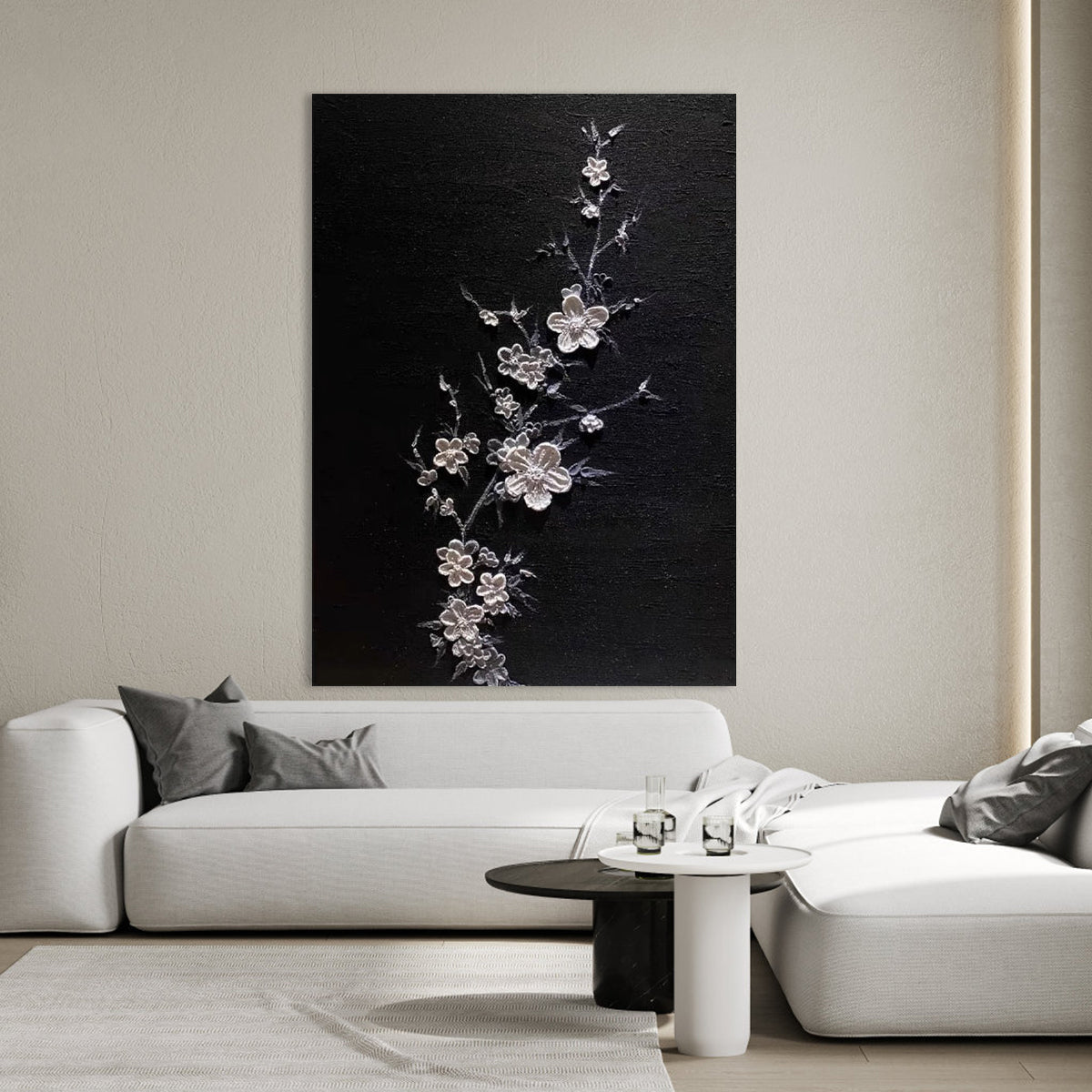 Elegant Floral Art on Black Canvas - Artistic Home Decor Oil Painting