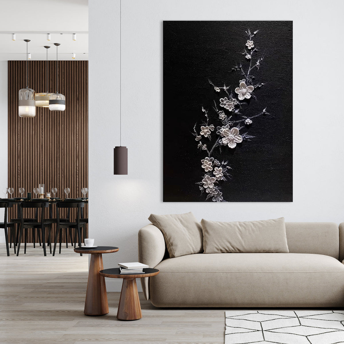 Elegant Floral Art on Black Canvas - Artistic Home Decor Oil Painting