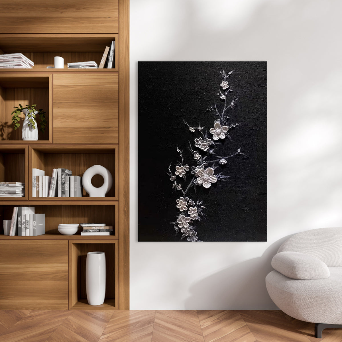 Elegant Floral Art on Black Canvas - Artistic Home Decor Oil Painting
