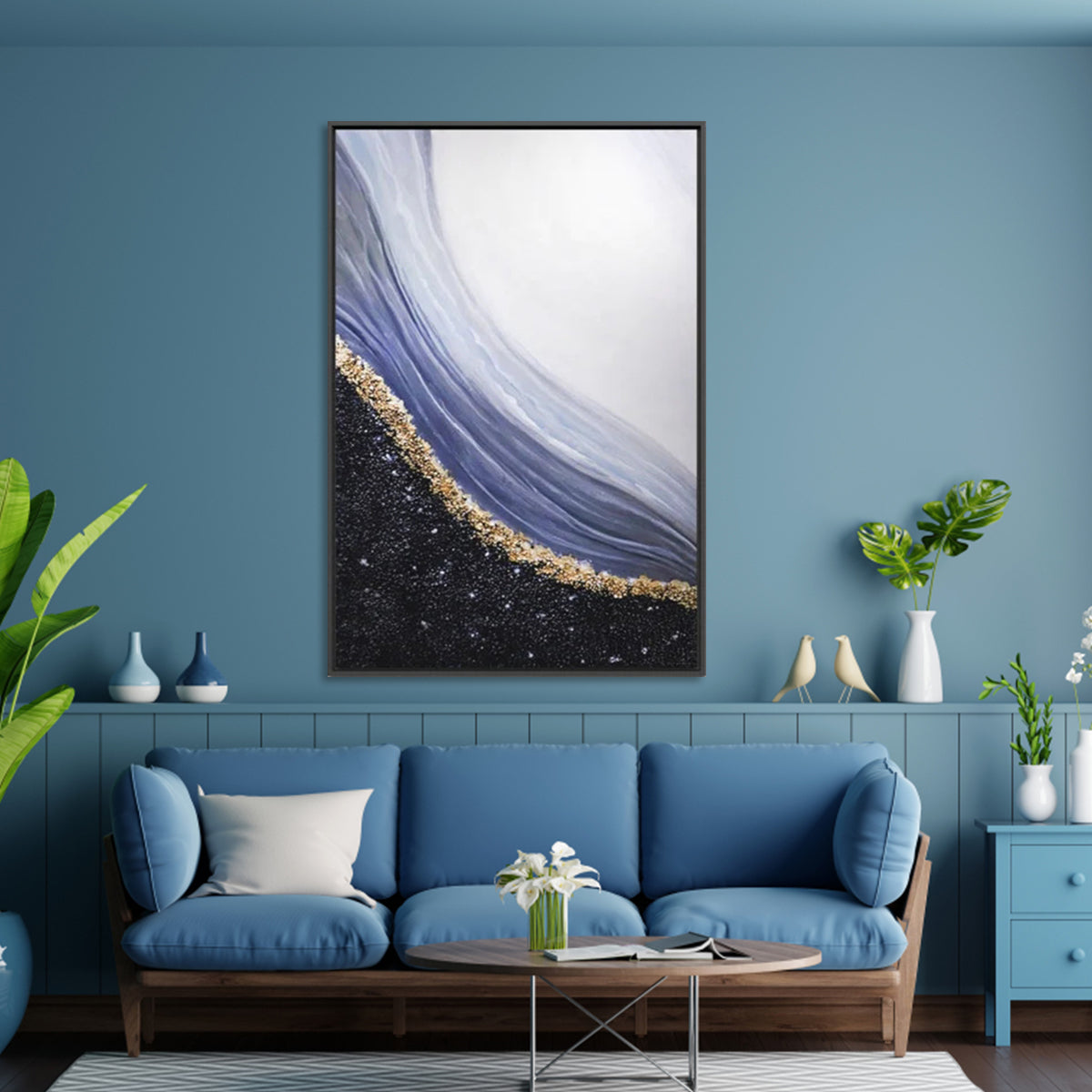 Ethereal Waves: Contemporary Oil Painting with Glittering Gold Accents