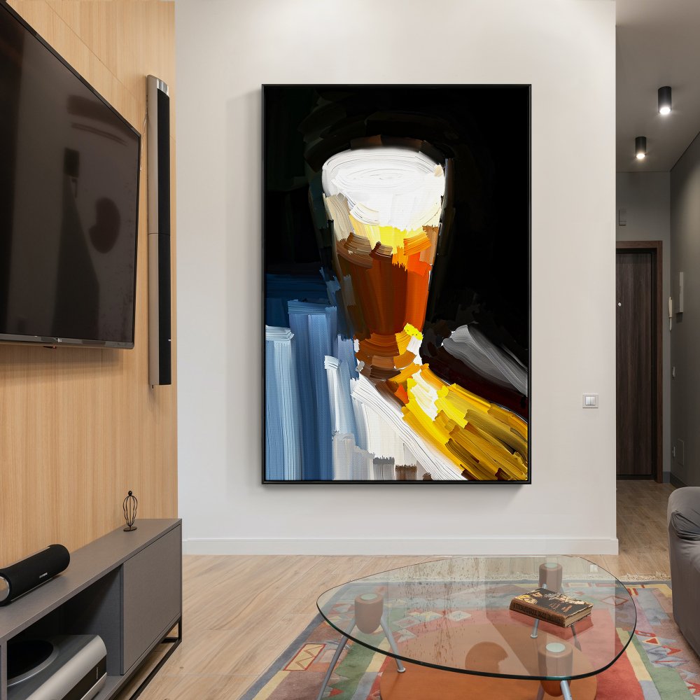 Captivating Abstract Oil Painting of a Golden Beer Glass Against Dark Background