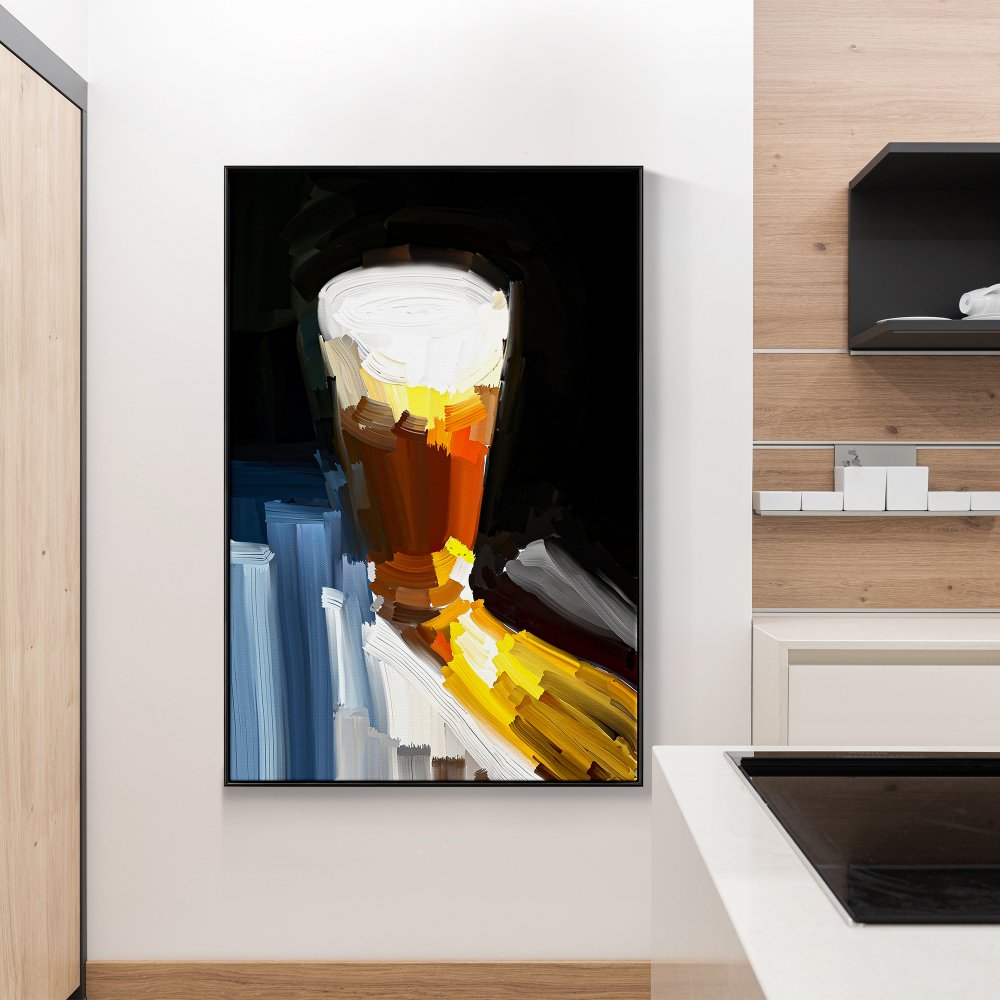 Captivating Abstract Oil Painting of a Golden Beer Glass Against Dark Background