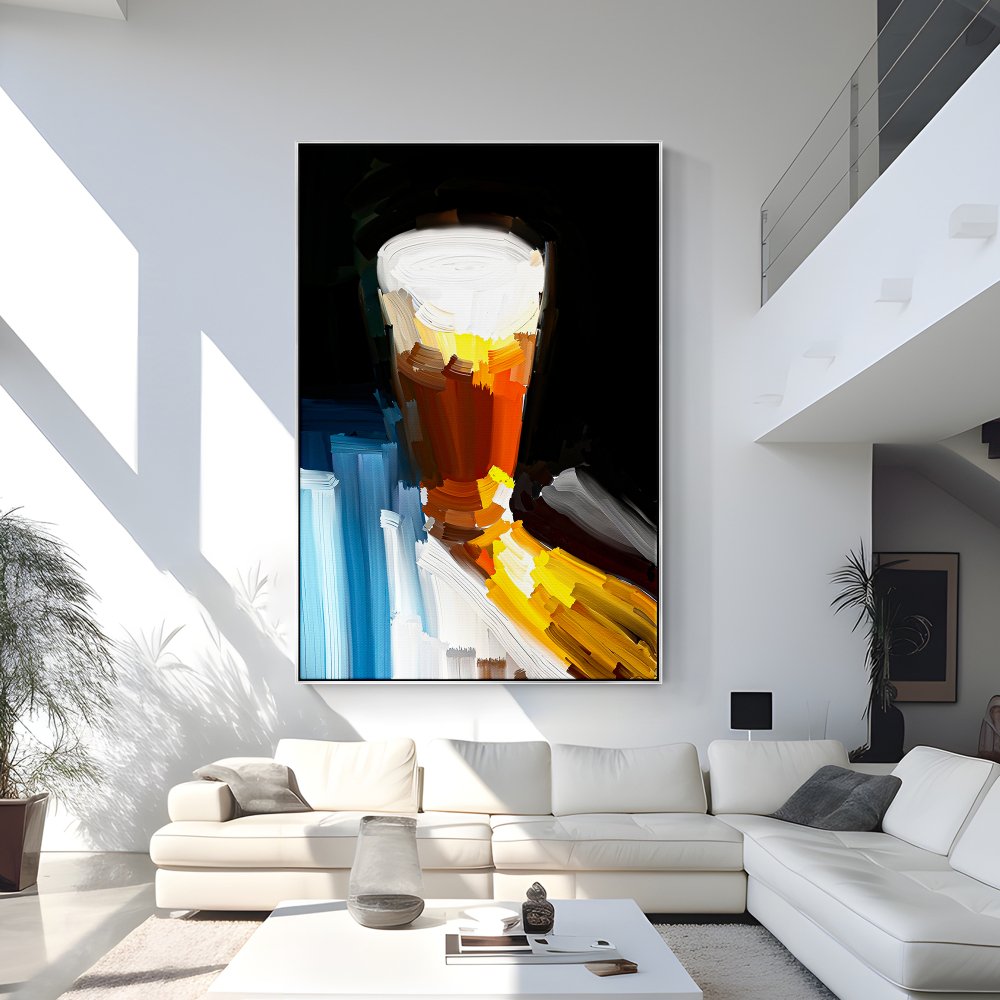 Captivating Abstract Oil Painting of a Golden Beer Glass Against Dark Background