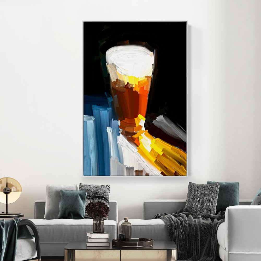 Captivating Abstract Oil Painting of a Golden Beer Glass Against Dark Background