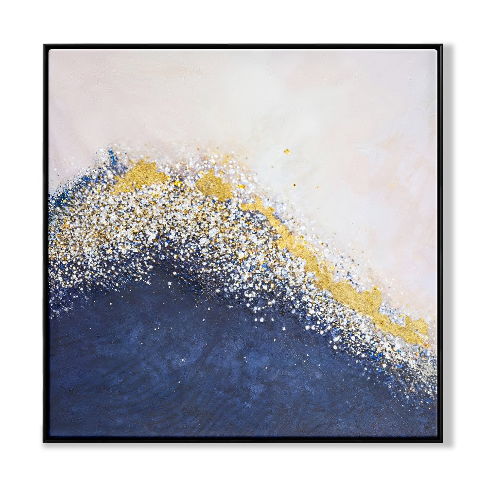 Serene Coastal Abstract Painting with Gold and Blue Waves for Home Decor