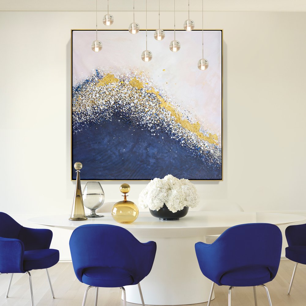 Serene Coastal Abstract Painting with Gold and Blue Waves for Home Decor