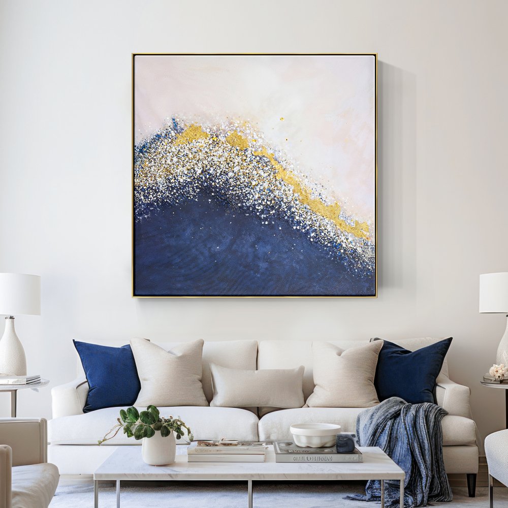 Serene Coastal Abstract Painting with Gold and Blue Waves for Home Decor