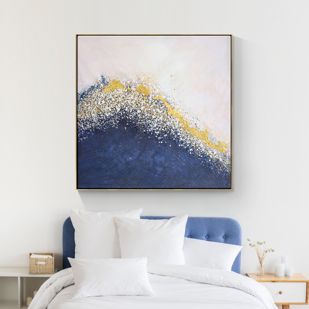 Serene Coastal Abstract Painting with Gold and Blue Waves for Home Decor
