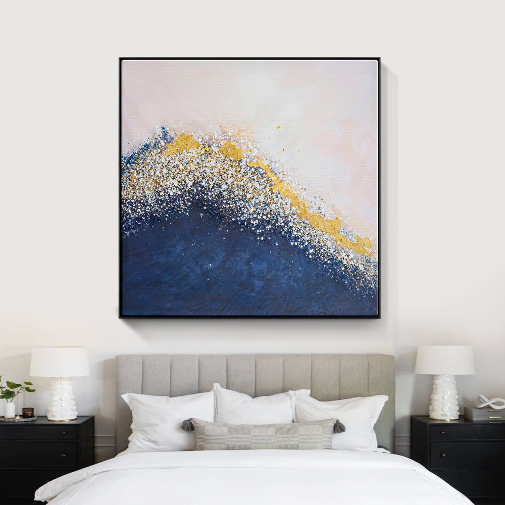 Serene Coastal Abstract Painting with Gold and Blue Waves for Home Decor