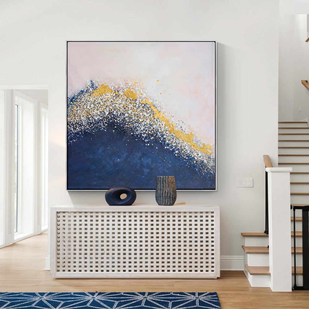 Serene Coastal Abstract Painting with Gold and Blue Waves for Home Decor