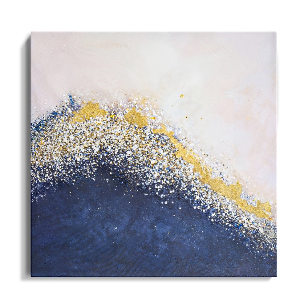 Serene Coastal Abstract Painting with Gold and Blue Waves for Home Decor