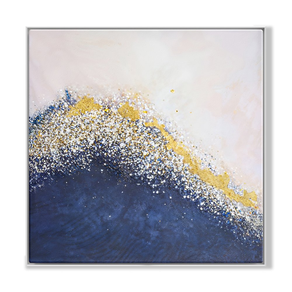 Serene Coastal Abstract Painting with Gold and Blue Waves for Home Decor