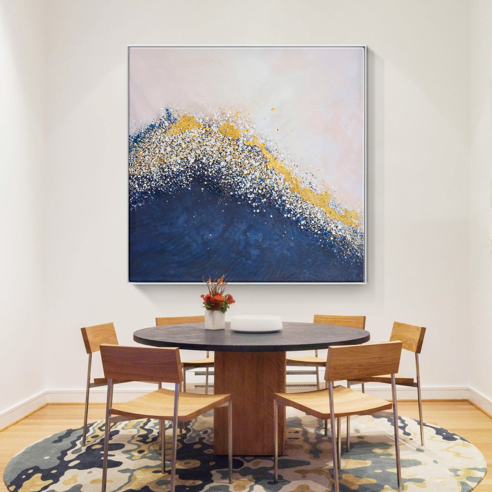 Serene Coastal Abstract Painting with Gold and Blue Waves for Home Decor