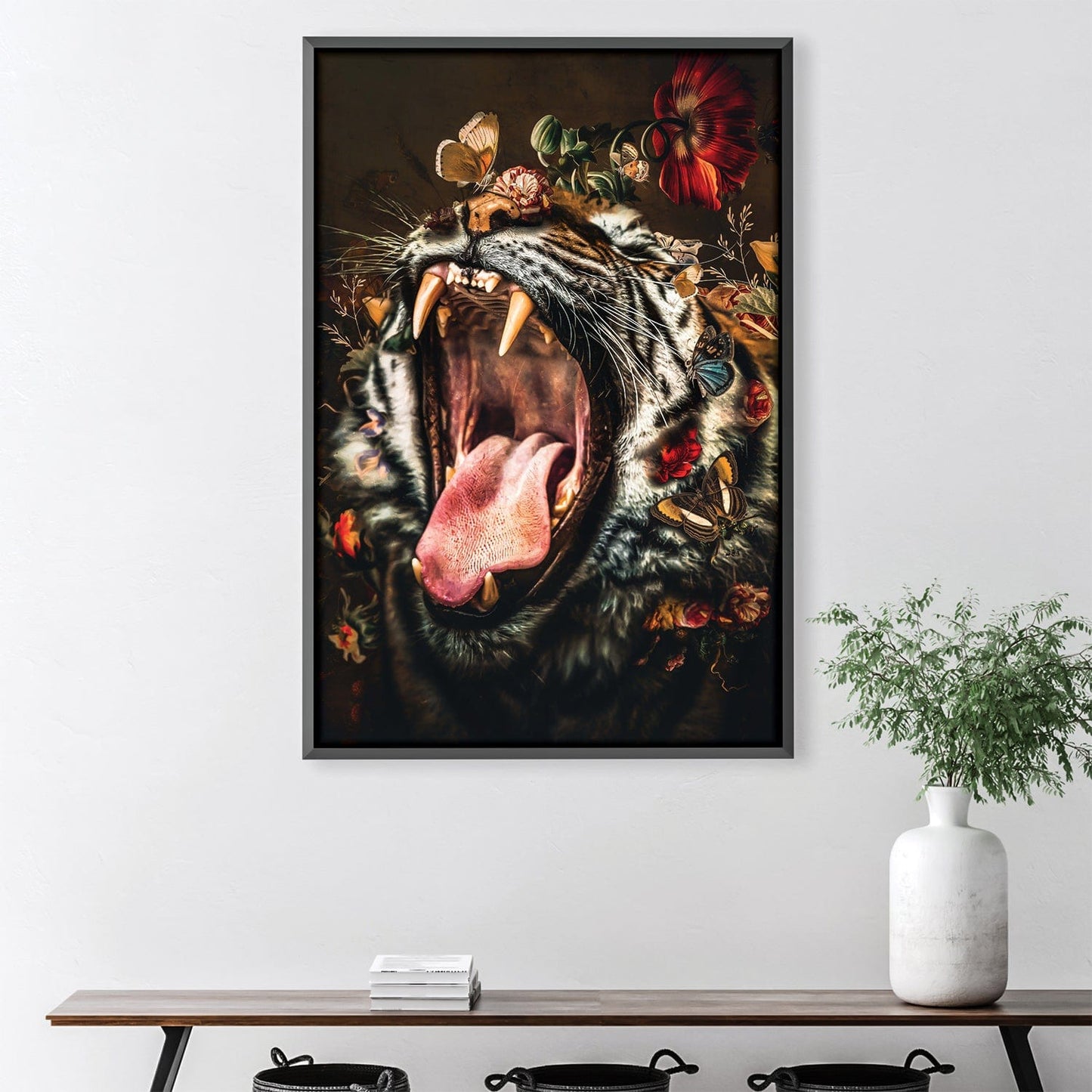 Majestic Tiger Portrait with Floral Accents | Vibrant Oil Painting for Home Decor