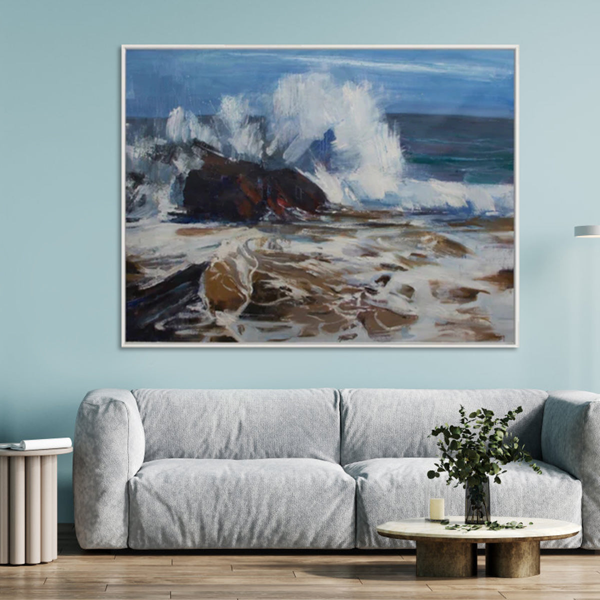 Dynamic Seascape Oil Painting with Waves and Rocks