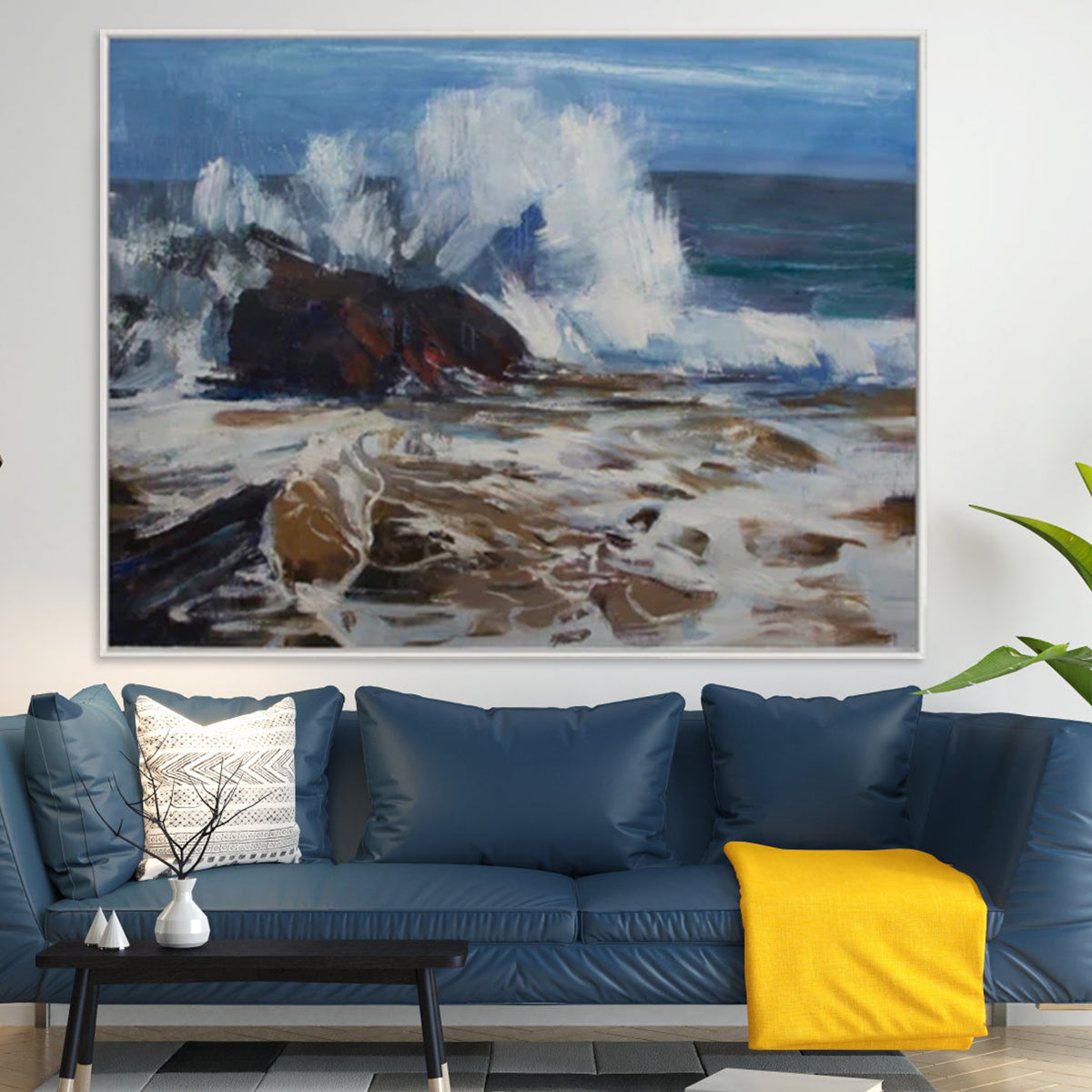 Dynamic Seascape Oil Painting with Waves and Rocks