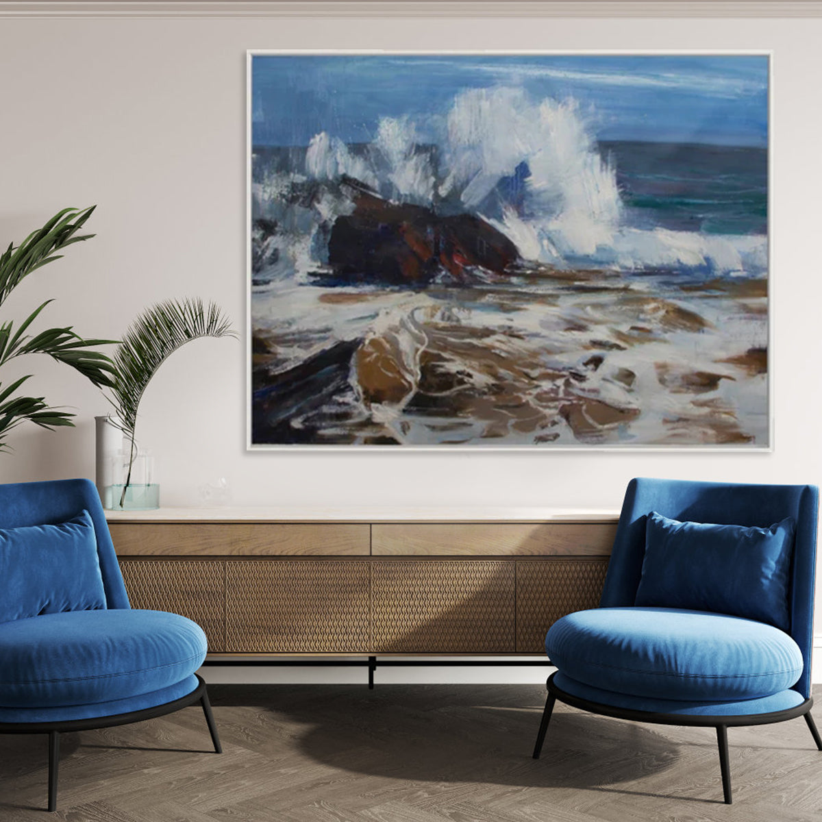 Dynamic Seascape Oil Painting with Waves and Rocks