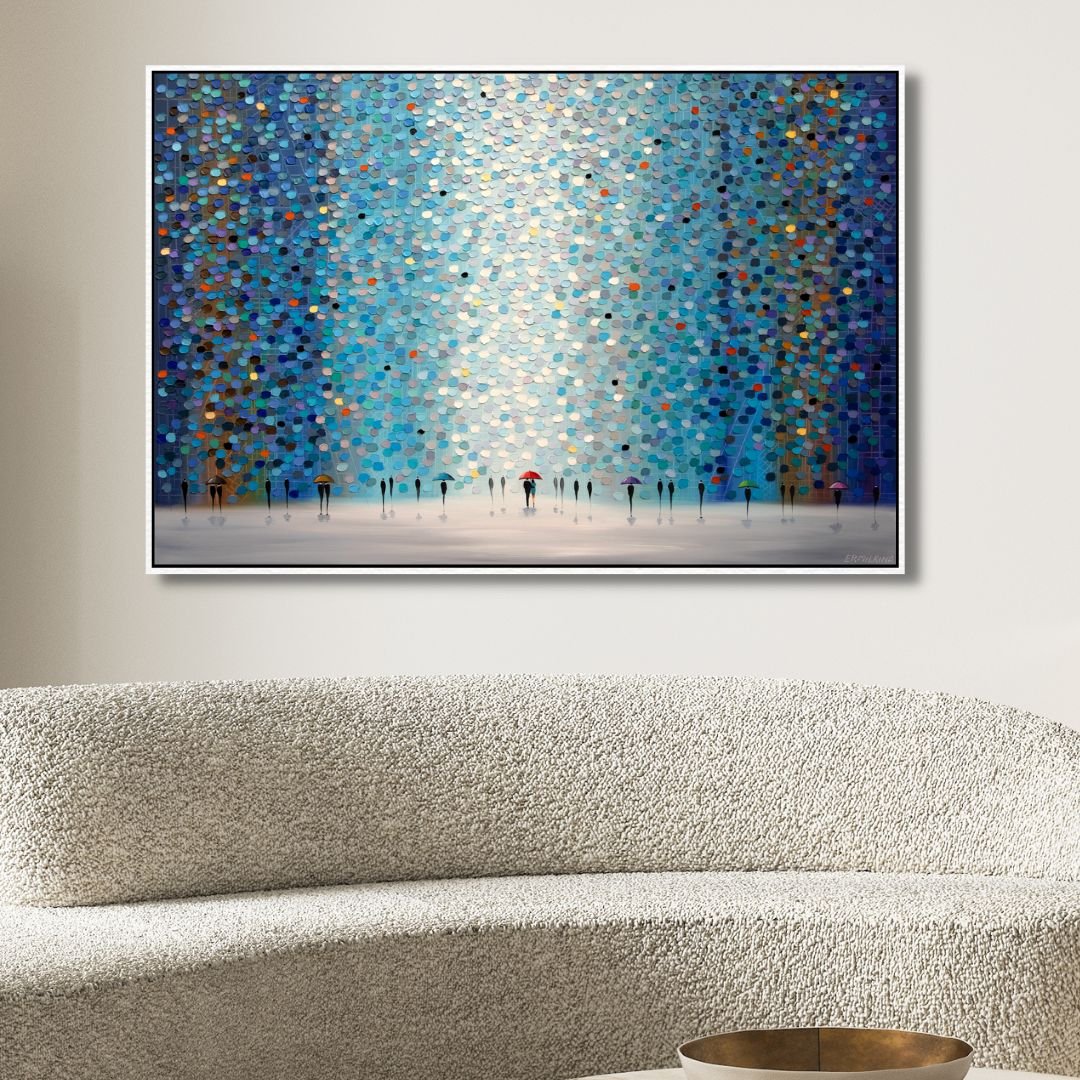Colorful Umbrellas Under Night Sky - Abstract Oil Painting for Home Decor
