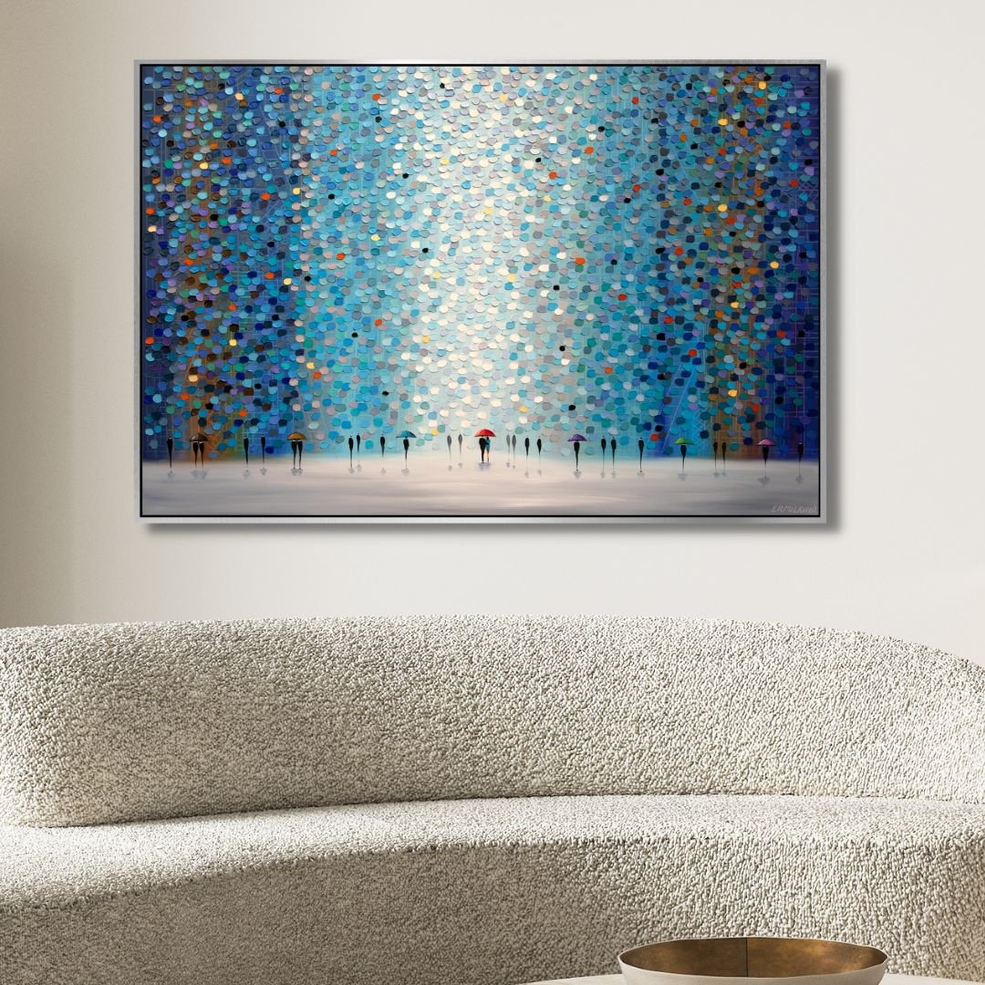Colorful Umbrellas Under Night Sky - Abstract Oil Painting for Home Decor