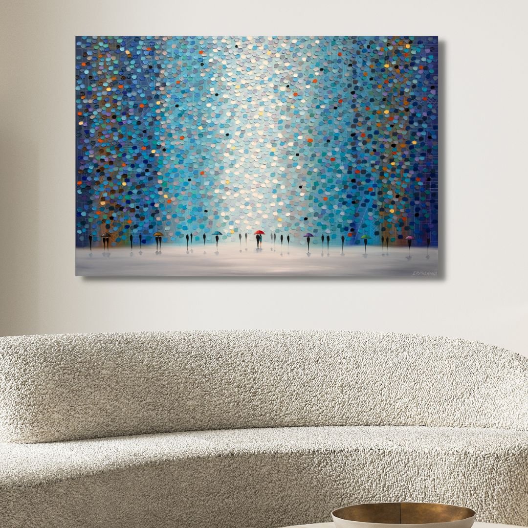 Colorful Umbrellas Under Night Sky - Abstract Oil Painting for Home Decor
