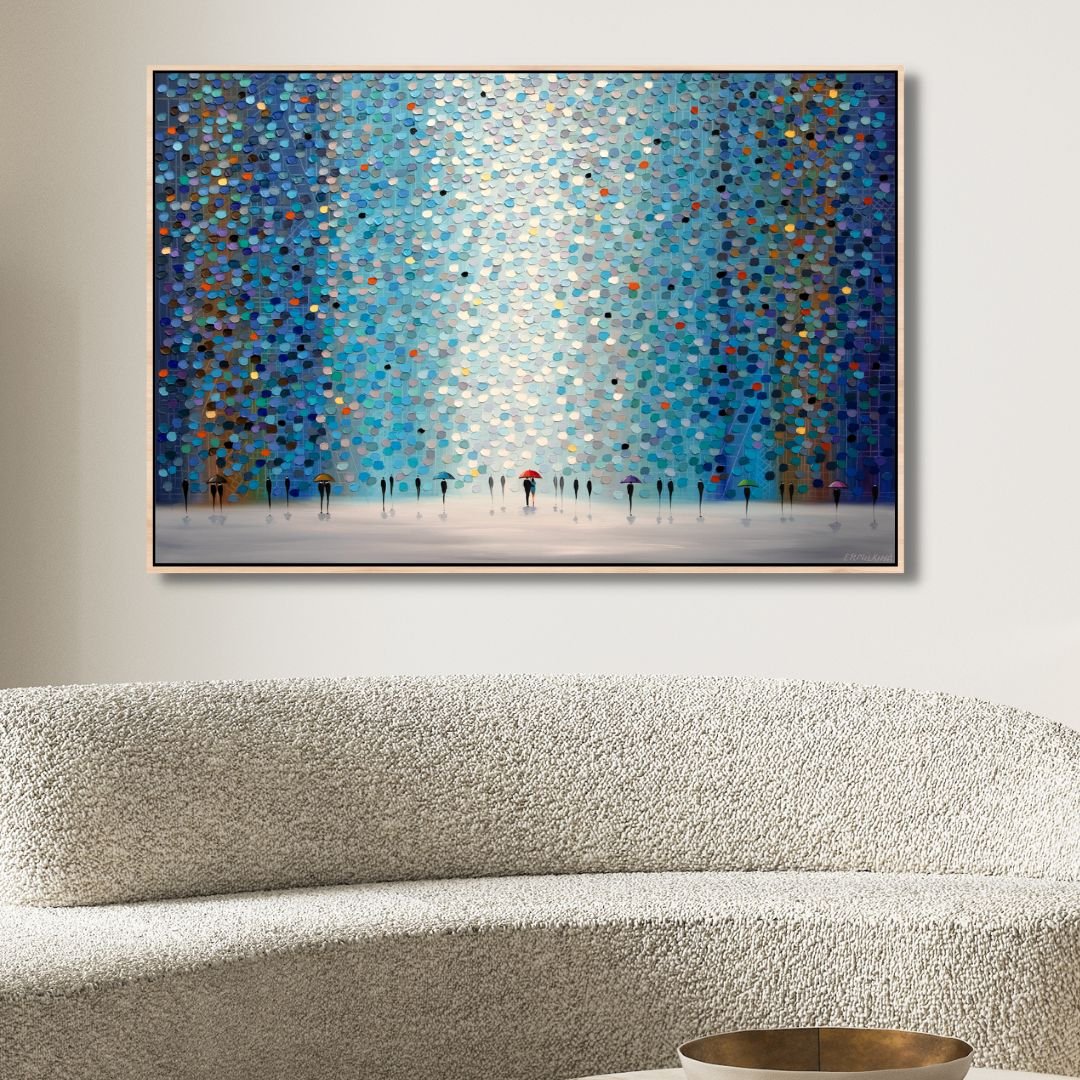 Colorful Umbrellas Under Night Sky - Abstract Oil Painting for Home Decor