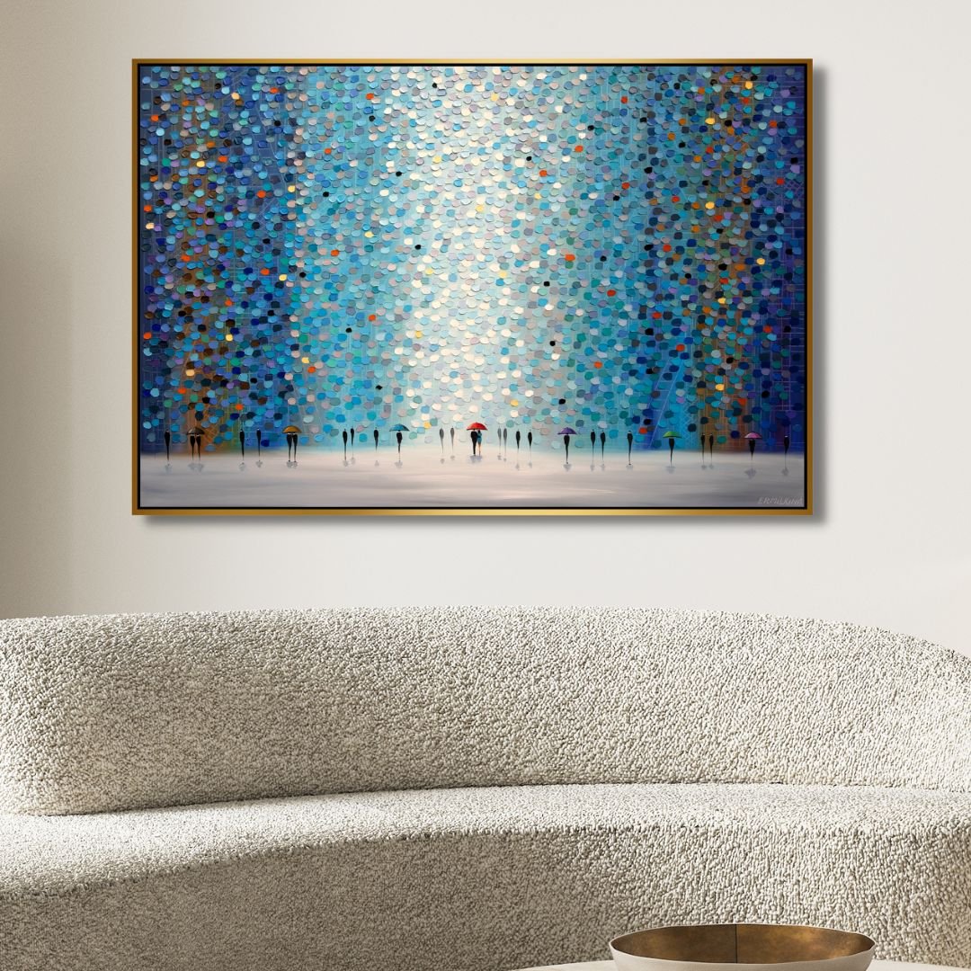 Colorful Umbrellas Under Night Sky - Abstract Oil Painting for Home Decor