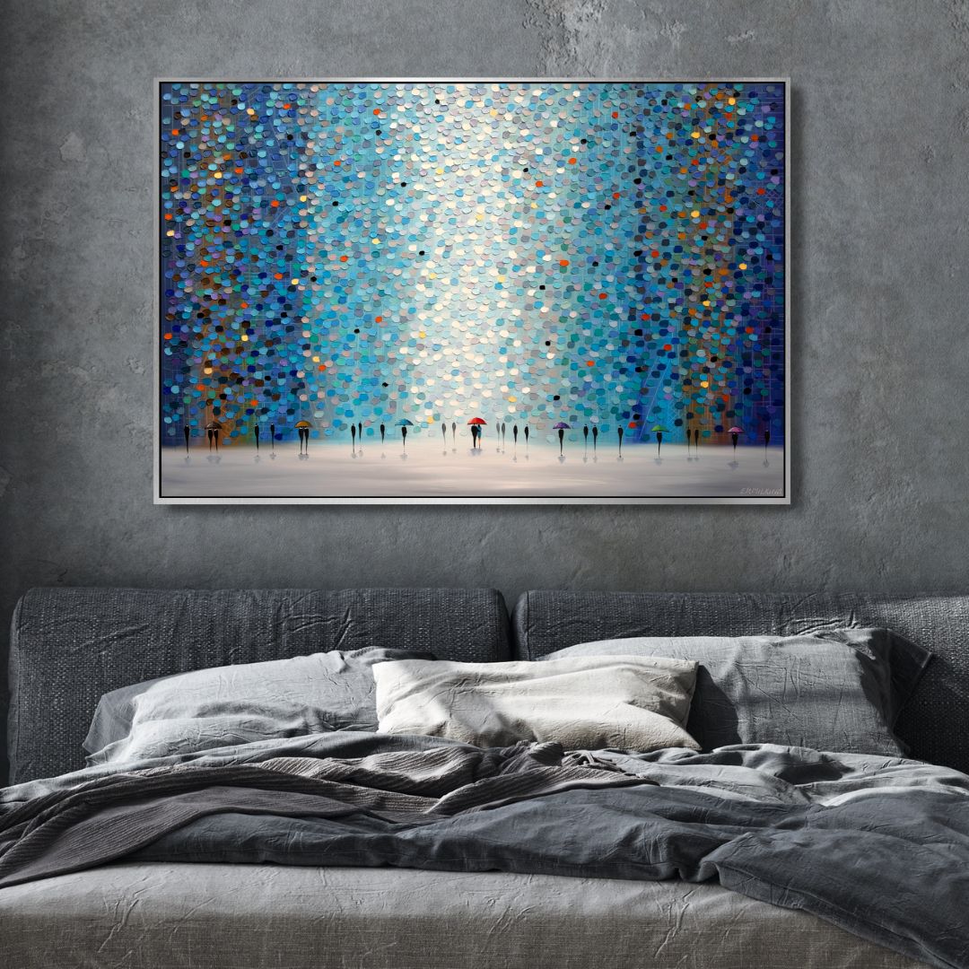 Colorful Umbrellas Under Night Sky - Abstract Oil Painting for Home Decor