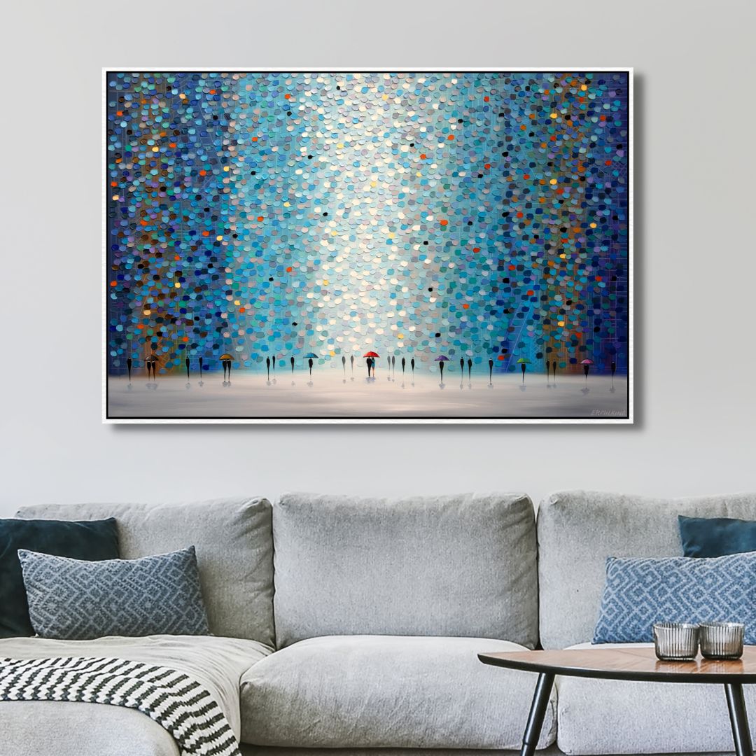 Colorful Umbrellas Under Night Sky - Abstract Oil Painting for Home Decor