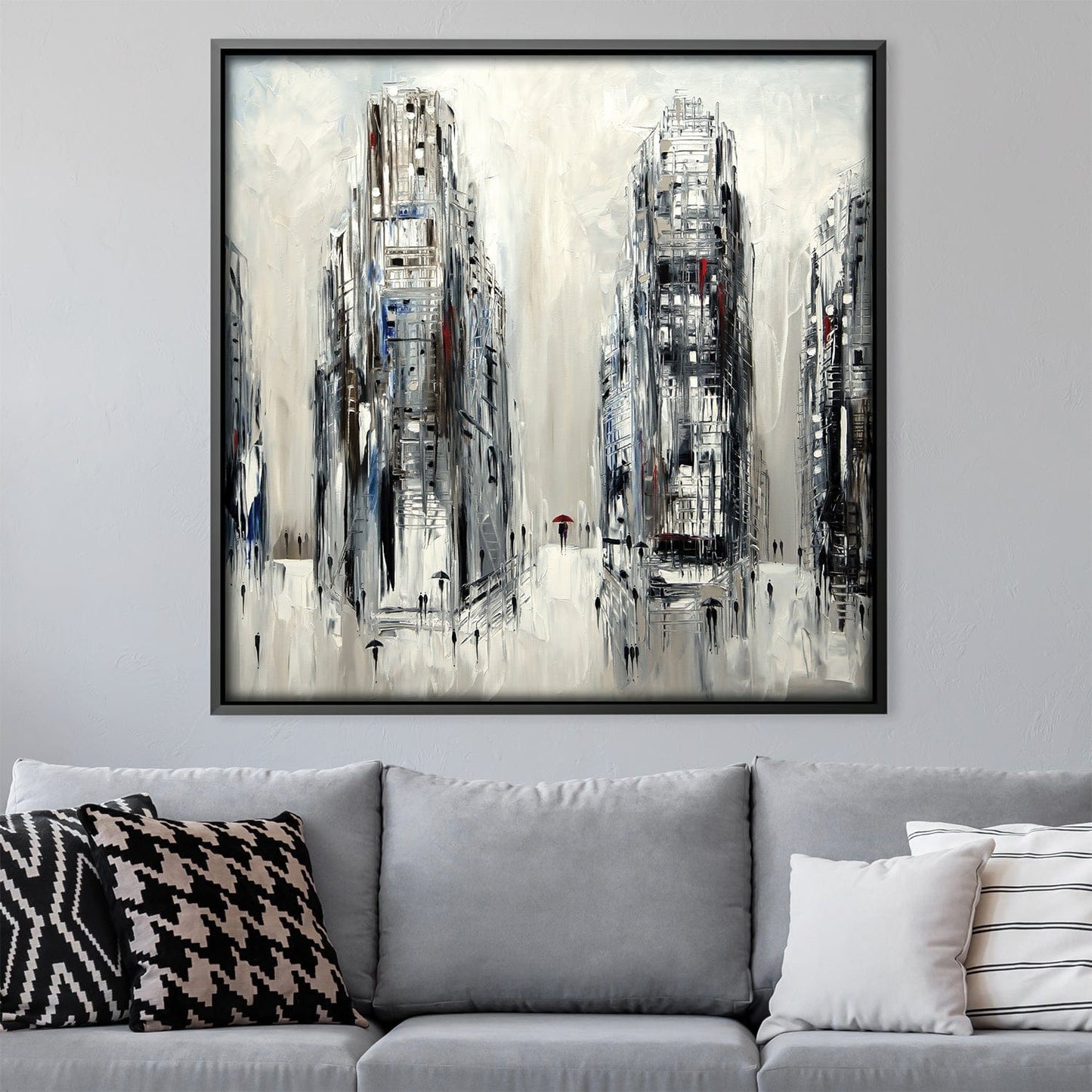 Cityscape in Rain with Umbrella - Modern Abstract Oil Painting on Canvas