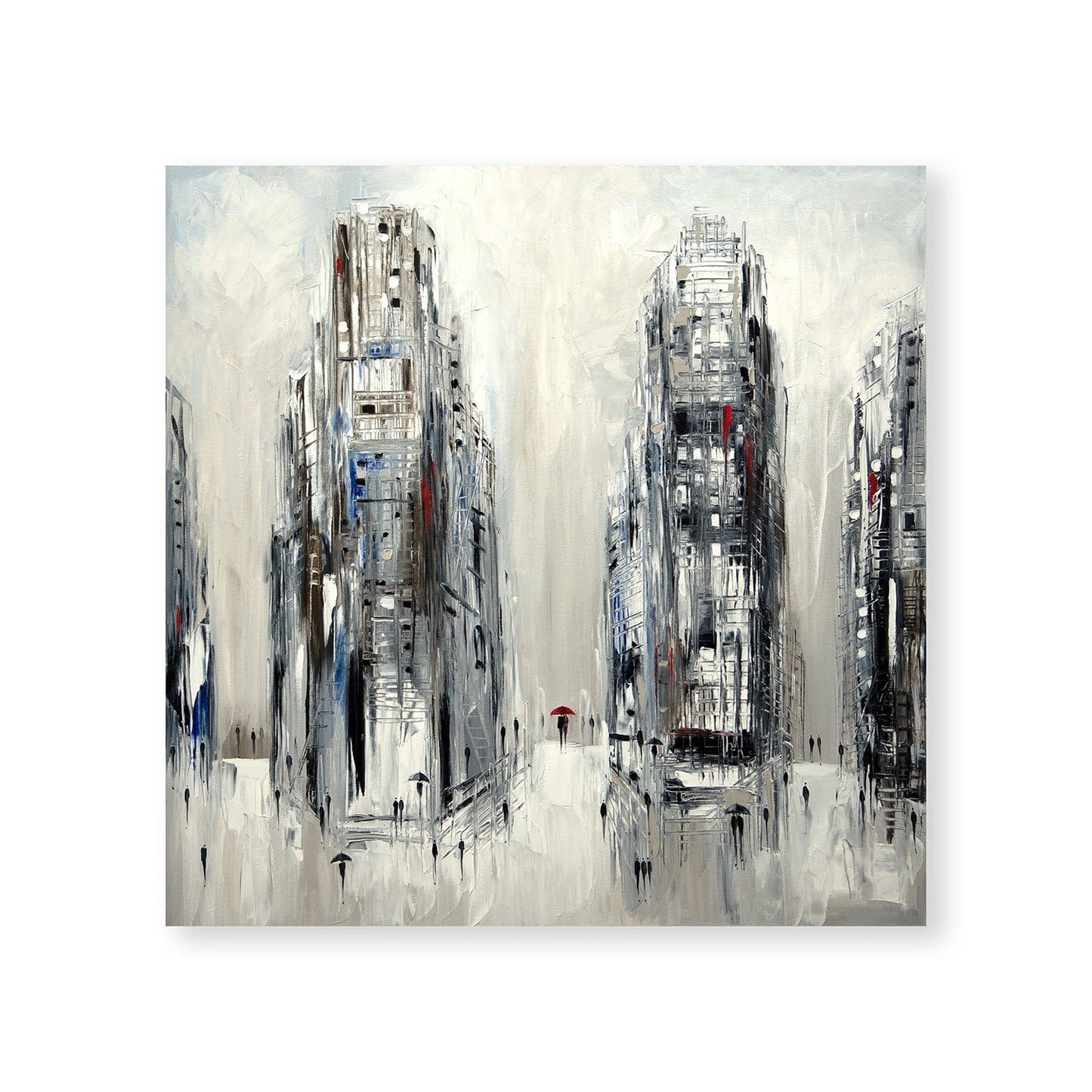 Cityscape in Rain with Umbrella - Modern Abstract Oil Painting on Canvas