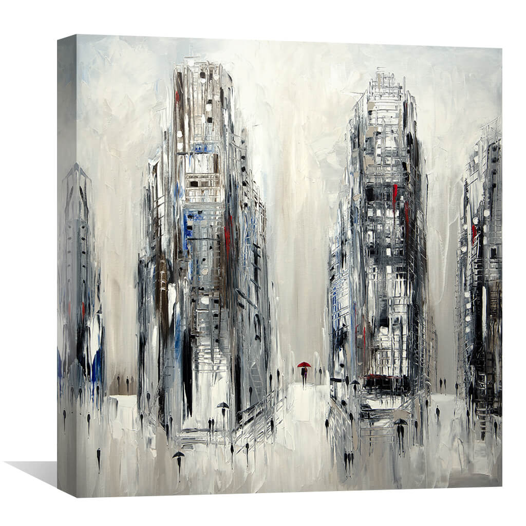 Cityscape in Rain with Umbrella - Modern Abstract Oil Painting on Canvas