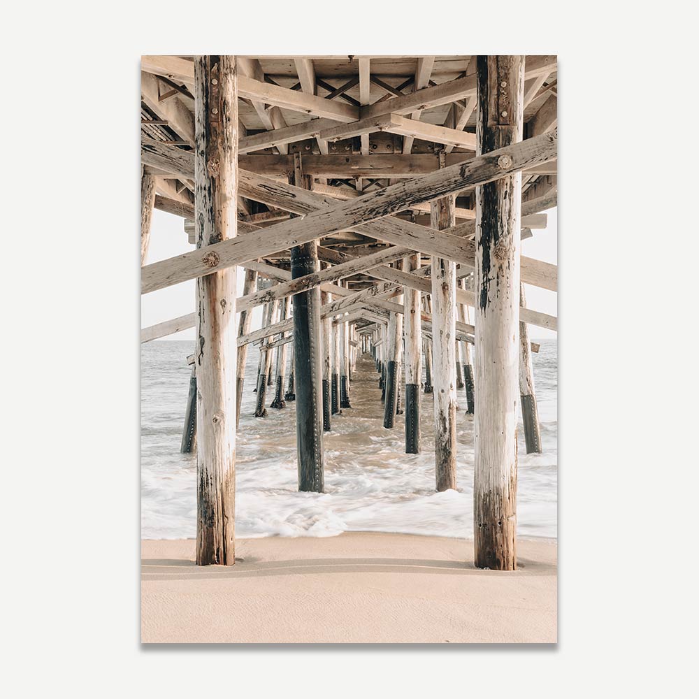 Tranquil Ocean View Under Pier - Serene Coastal Oil Painting for Home Decor