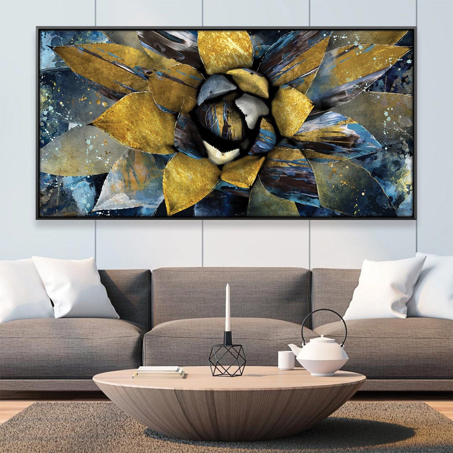 Elegant Gold and Blue Floral Oil Painting for Modern Home Decor