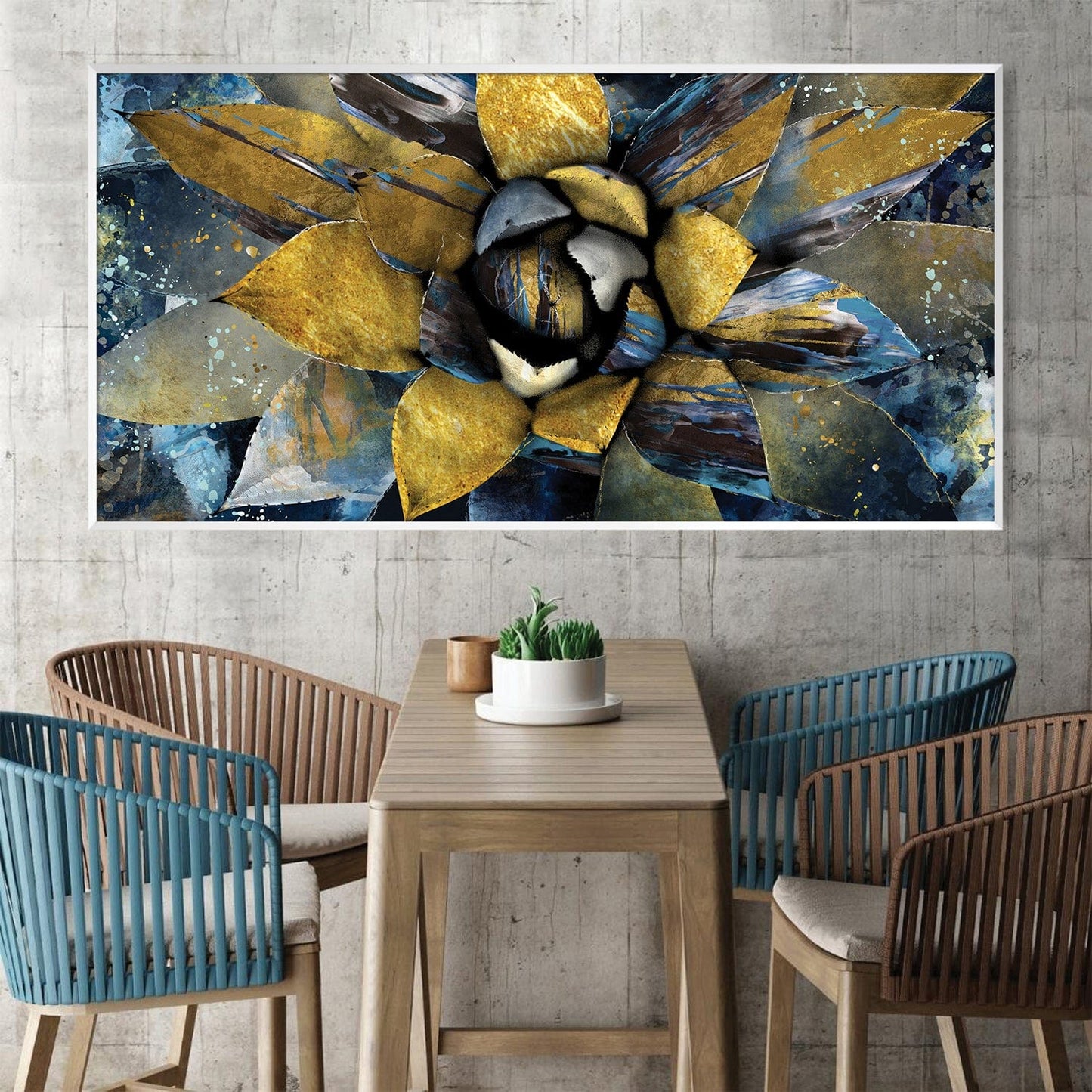 Elegant Gold and Blue Floral Oil Painting for Modern Home Decor