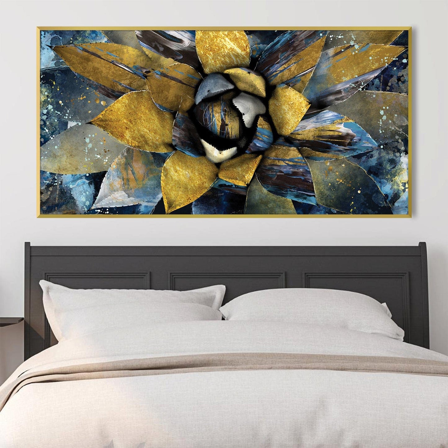 Elegant Gold and Blue Floral Oil Painting for Modern Home Decor