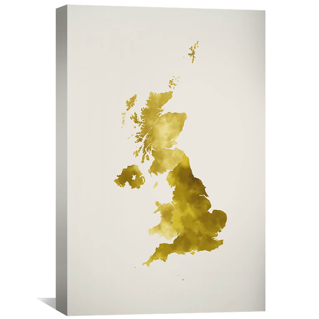 Elegant Gold Map of the United Kingdom Watercolor Oil Painting for Home Decor